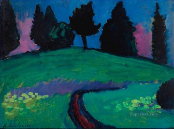 Expresionismo Painting - Árboles oscuros sobre una pendiente verde Alexej von Jawlensky Expresionismo